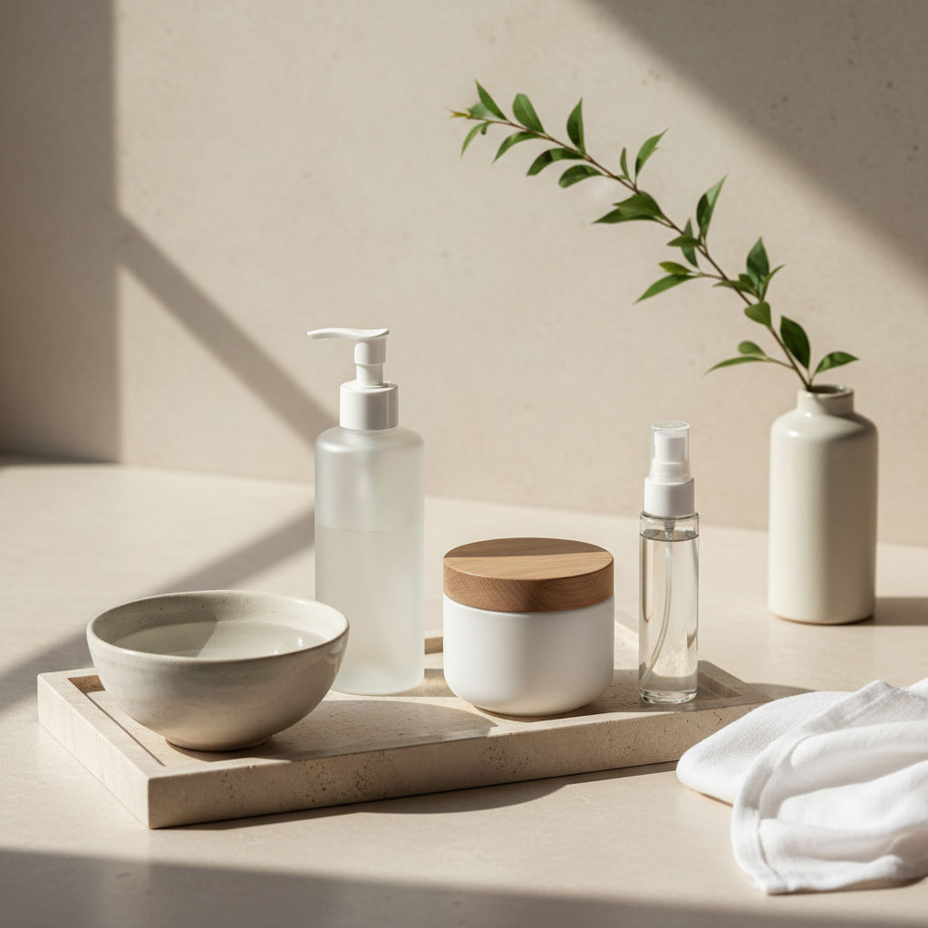 A serene skincare ritual scene without people, focused on a trio of products: a tall cleansing gel in a semi-translucent frosted bottle, a creamy moisturizer in a matte porcelain jar, and a facial mist in a slender glass spray. They are arranged on a light beige travertine tray beside a simple ceramic bowl filled with clear water and a neatly folded white cotton cloth. In the background, a pale stone wall and a single green branch in a minimalist vase add natural elegance. Soft morning daylight filters through an unseen window, casting gentle, elongated shadows. Photographic realism with a calm, spa-like atmosphere, shot from a slightly elevated angle. The mood is tranquil, pure, and sophisticated, emphasizing daily luxury skincare.