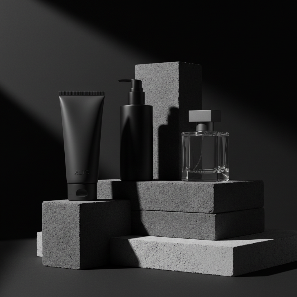 A high-contrast, monochromatic composition displaying a premium men’s grooming and fragrance set: a matte charcoal face wash tube, a satin-finish moisturizer bottle, and a heavy, square cologne bottle with a gunmetal cap. They are placed on layered slate and concrete blocks that create a sculptural, tiered platform. A deep charcoal background fades into black, while a narrow beam of cool, directional light from the top left creates sharp, dramatic shadows and precise reflections. Photographic realism with an architectural, minimalist style, shot at eye level with a slightly off-center composition. The atmosphere is powerful, refined, and masculine, conveying urban sophistication and exclusivity for a modern luxury grooming line.